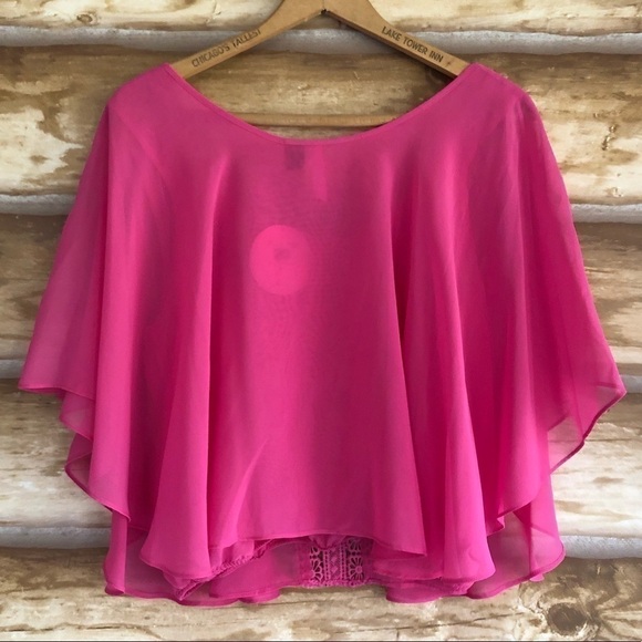 Crochet lace trim sheer flutter sleeve crop top Jr size XS - Picture 7 of 7